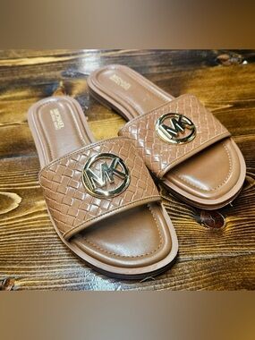 Michael Kors Hayworth Woven Logo Slide Sandals with Gold MK Emblem